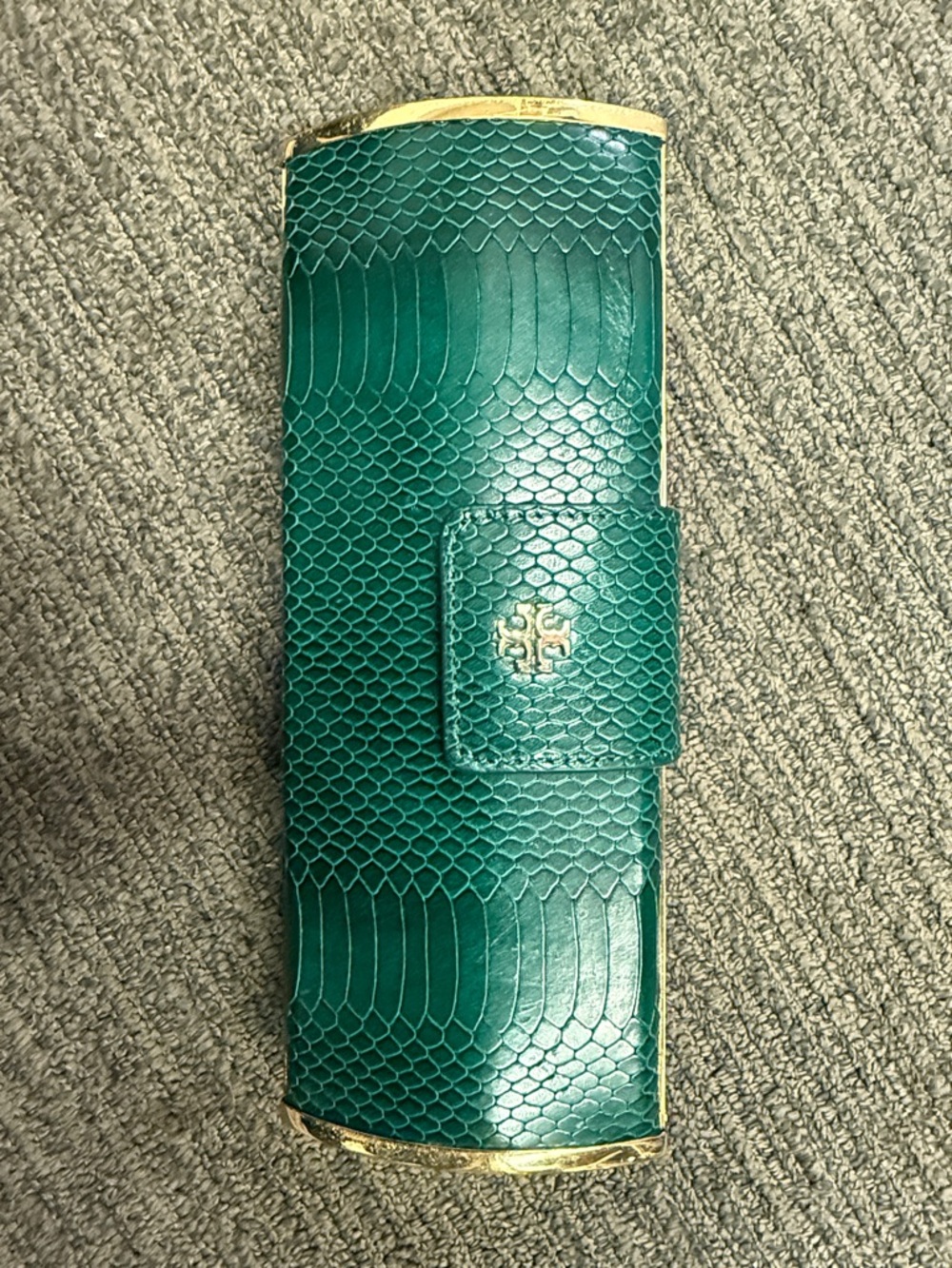 Tory Burch green faux Snakeskin clutch with Gold Trim